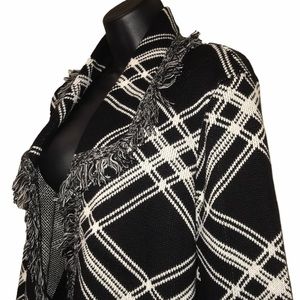 Chico's Posh Plaid Black/Ivory Open Front Fringed Cardigan~L~NWT
